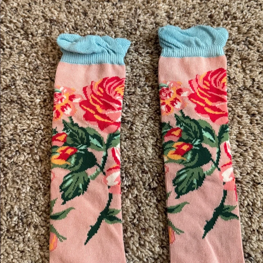 Matilda Jane Pink Floral Knee-High Socks with Blue Trim  “Skip to My Lou” Small